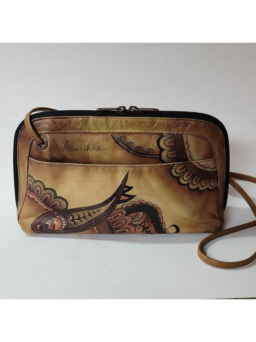 Anuschka Handpainted Leather Small Crossbody Saddle Paisley Artwork Handbag EXC